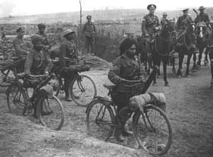 Indian cyclists at the cross roads on the Fricourt-Mametz Road, Somme area, July 1916